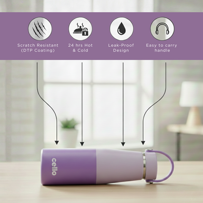 सेलो ड्यूरो टफ स्लिंग पर्पल पानी की बोतल | 500 मिली | इंसुलेटेड स्टेनलेस स्टील | हैंडल के साथ ले जाने में आसान