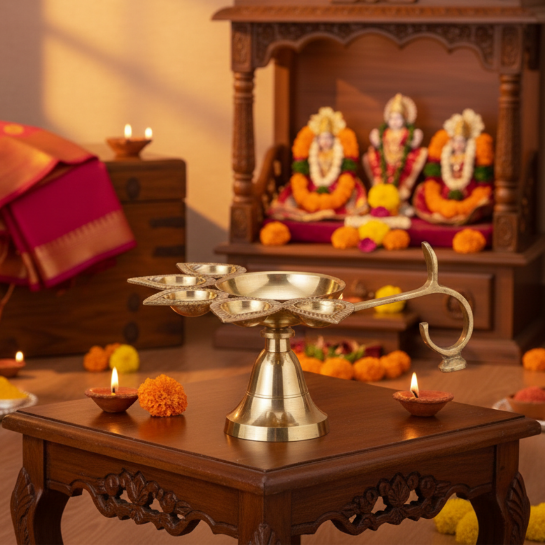 Brass Panch Aarti | 5-Face Diya for Home Puja & Gifting | 250 gm
