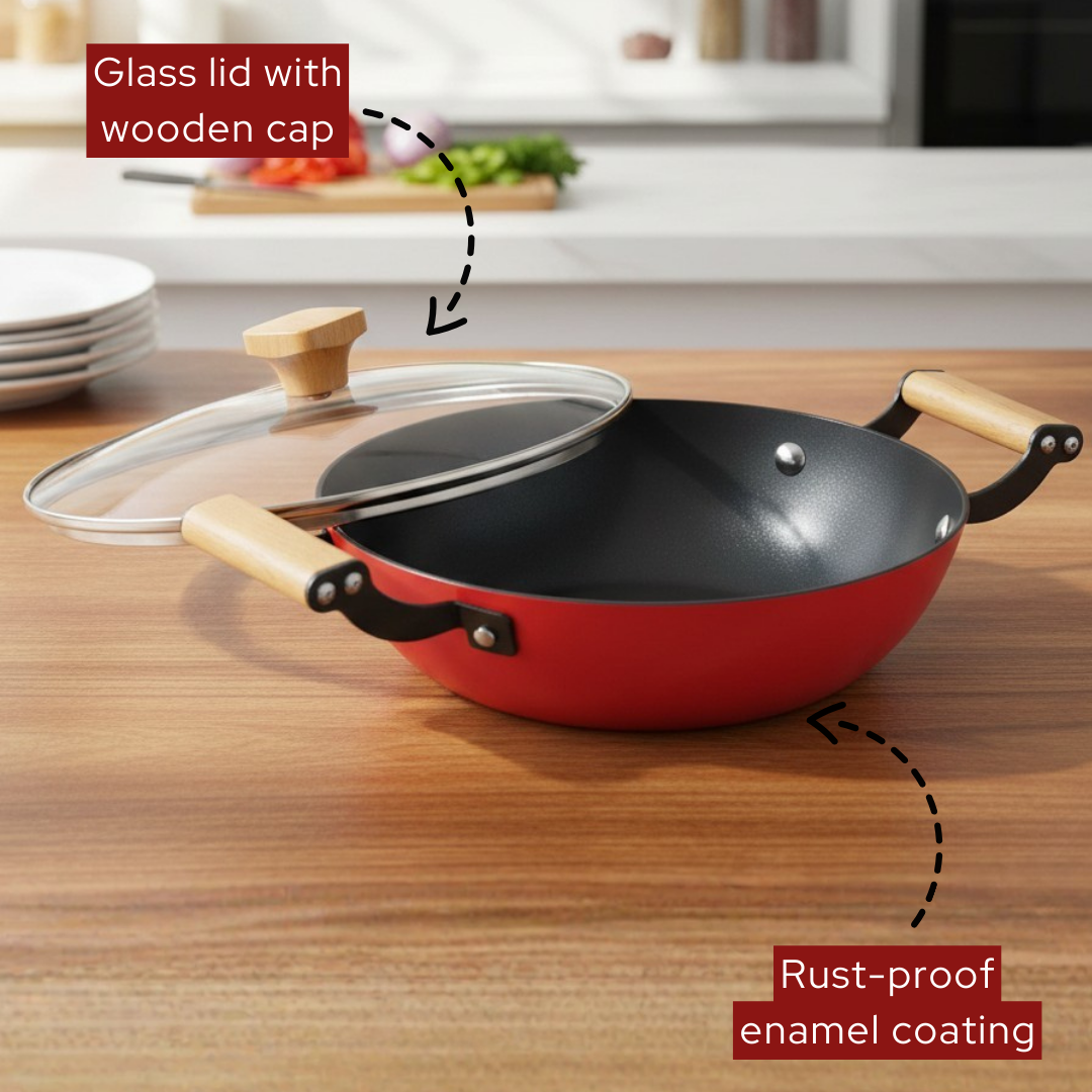 Prestige Castlite Kadai | Cast Iron with Glass Lid | Gas & Induction | Lightweight | 2.3L |  24cm