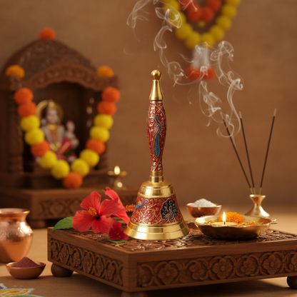 Brass Puja Bell  | Hand-held Ghanti for Home Mandir | 17.5 cm × 7.5 cm, 250 gm