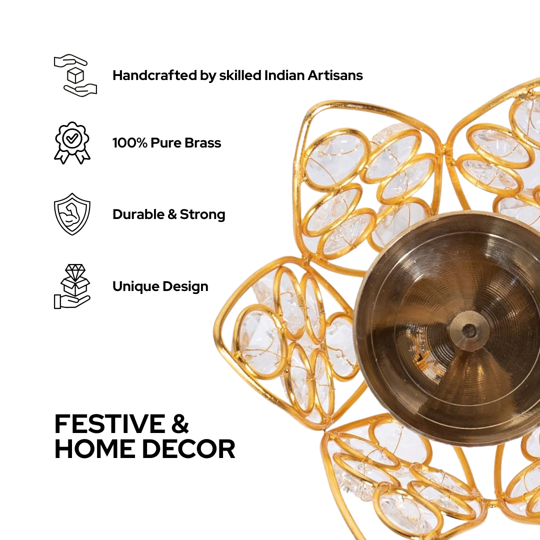 Brass Crystal Bowl Akhand Diya| Premium Decorative Oil Lamp| Golden color| 1  piece
