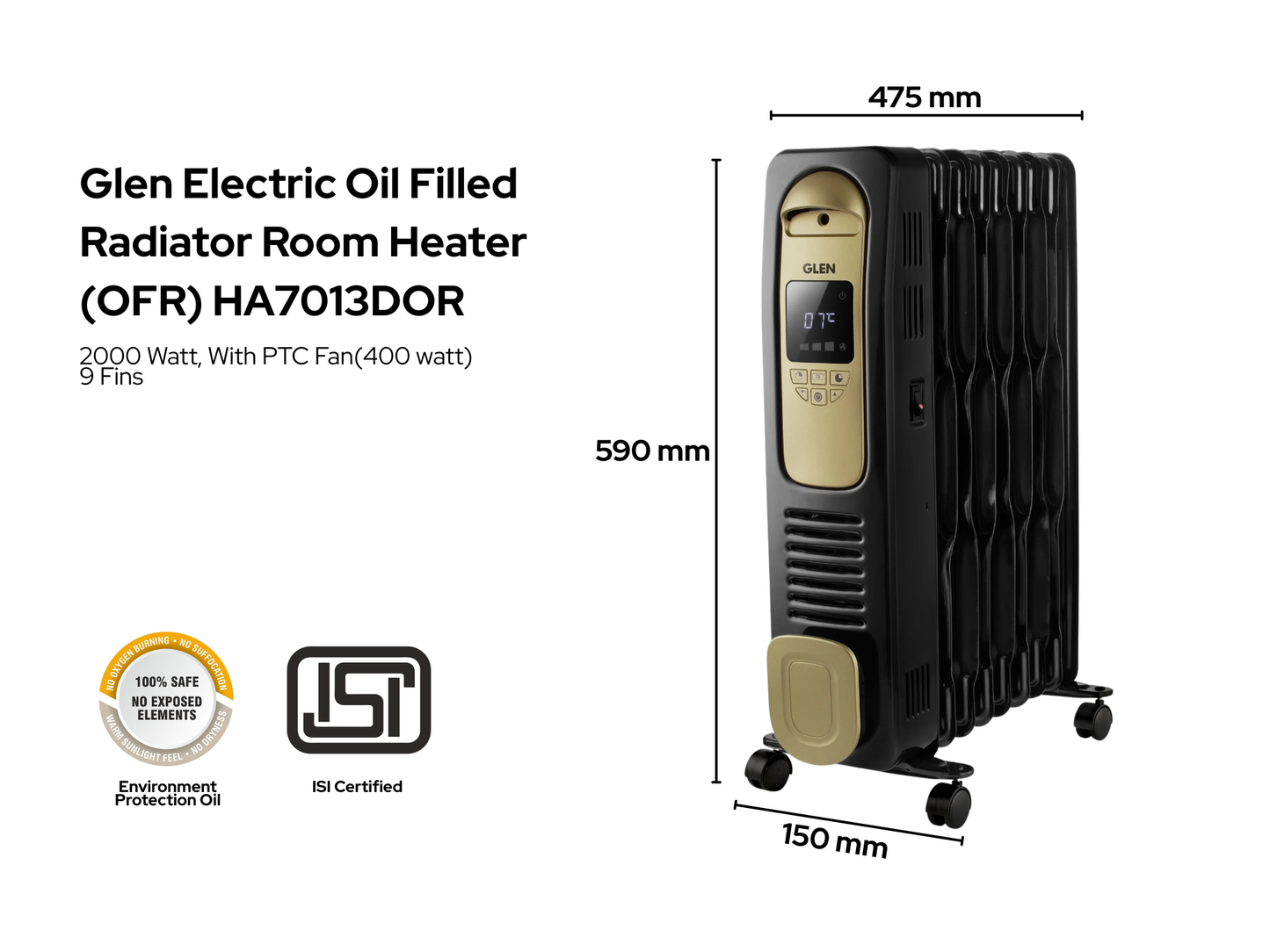 ग्लेन इलेक्ट्रिक ऑयल फिल्ड रेडिएटर | 9/11/13 फिन - HA7013DOR | डिजिटल रूम हीटर