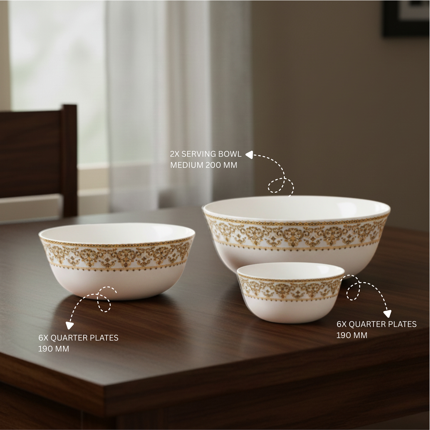 Solitaire Opalware Dinner Set | Elegant, Durable & Lightweight Dinnerware |27Pcs | Color- Ornate Gold