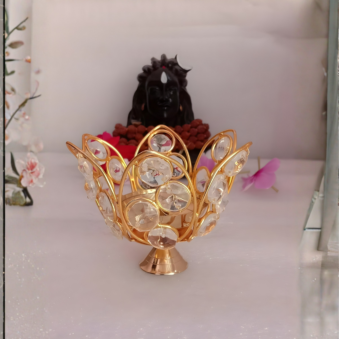 Brass Crystal Bowl Akhand Diya| Premium Decorative Oil Lamp| Golden color| 1  piece