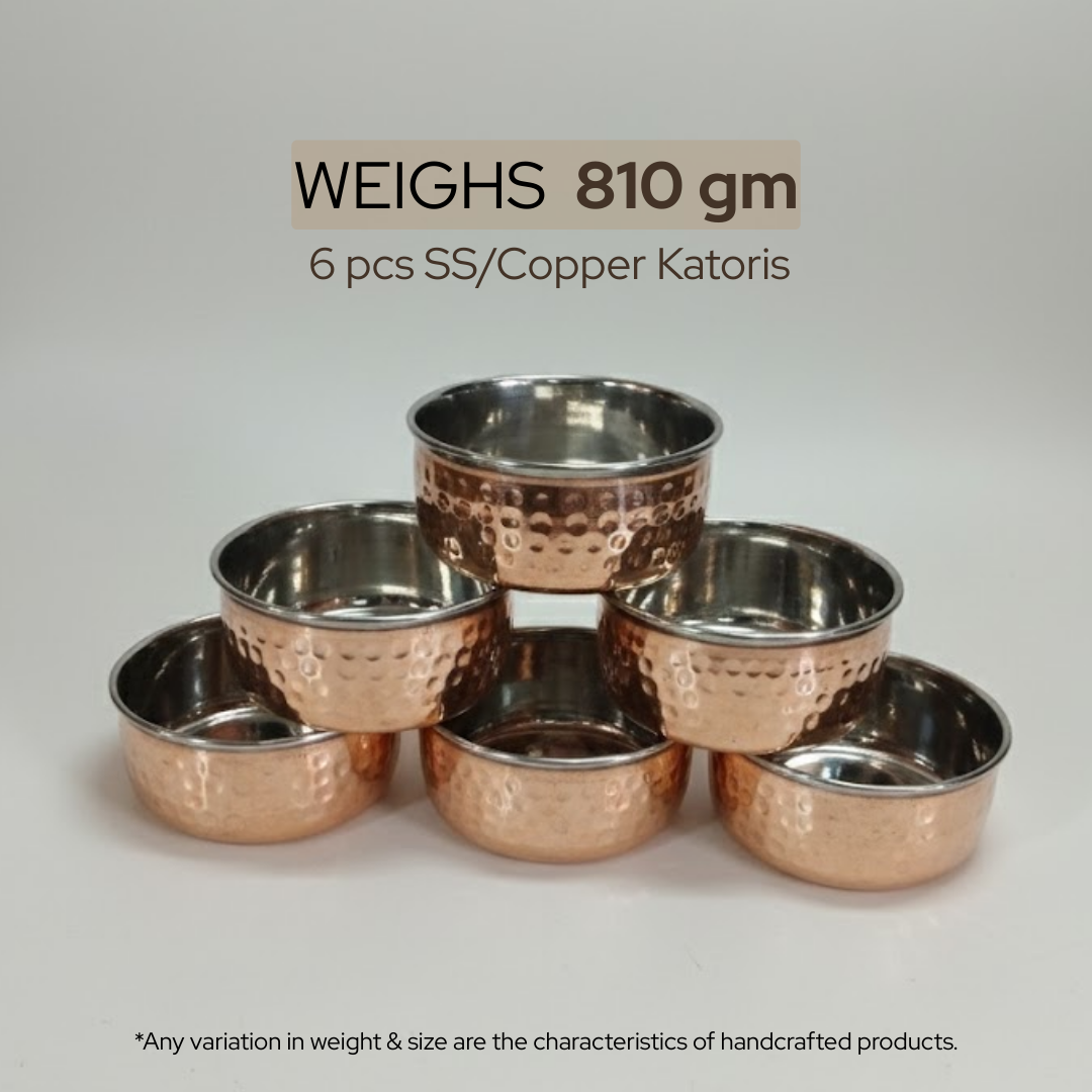 Copper Katori | Durable Indian Dining & Serving Bowls | Set 6 pcs |  810 gm | 135 gm Each