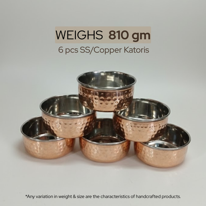 Copper Katori | Durable Indian Dining & Serving Bowls | Set 6 pcs |  810 gm | 135 gm Each