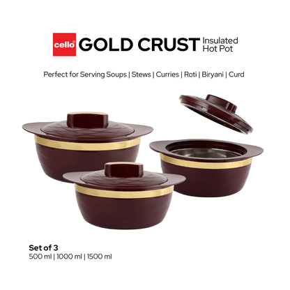 सेलो 3 पीस कैसरोल (500 मिली + 1000 मिली + 1500 मिली) | रोटी, चपाती और चावल के लिए कैसरोल सेट | डबल वॉल्ड, इंसुलेटेड