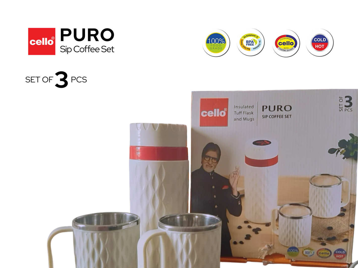 सेलो पुरो सिप कॉफी सेट 3 पीस इंसुलेटेड टफ फ्लास्क और मग