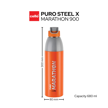 Cello Puro Steel-X Marathon Water Bottle – 680 ml, Orange | Insulated | Easy to carry with wrist belt option