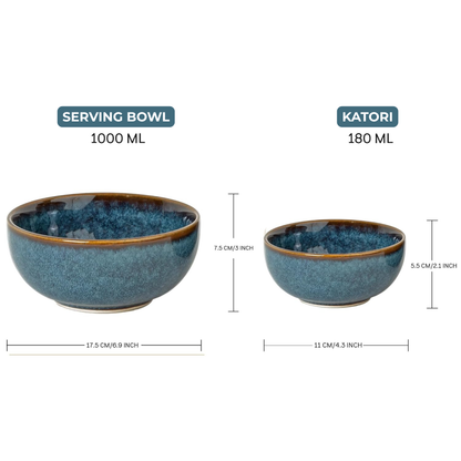 Handcrafted Stoneware Ceramic Dinner Set, 18 Pieces Serving for 6, Microwave and Dishwasher Safe, Bone-ash Free, Crockery Set for Dining and Gifting, Greenish Blue