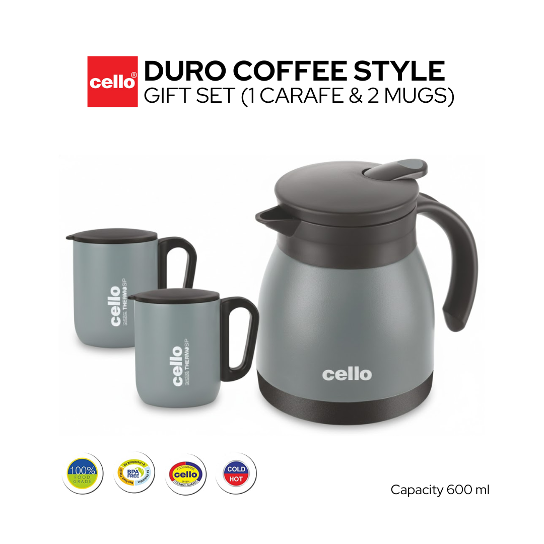 Cello Duro Coffee Style set| Premium Double-Wall Mugs & Carafe | 600 ml | 1 Carafe and 2 Mugs
