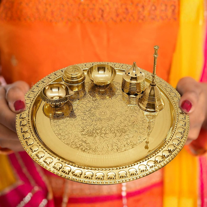Gold Brass pooja engraved thali set | 6 pcs | Pooja thali, diya, Roli container, Agarbatti Holder, Pooja bowl, Ghanti