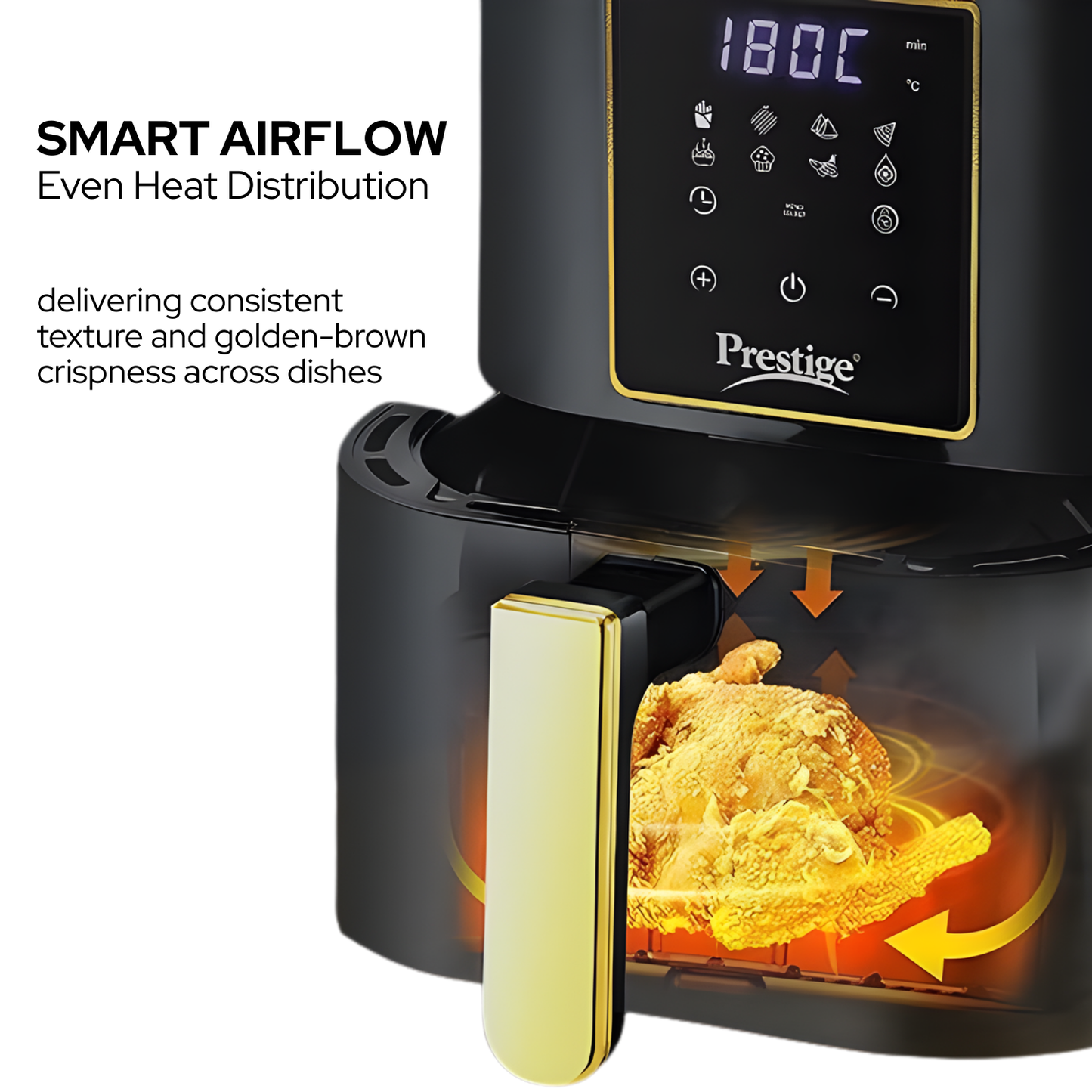 प्रेस्टीज डिजिटल एयर फ्रायर | 1200 वॉट | टच स्क्रीन पैनल | चुनने के लिए 8 मेनू | 80% कम तेल की खपत