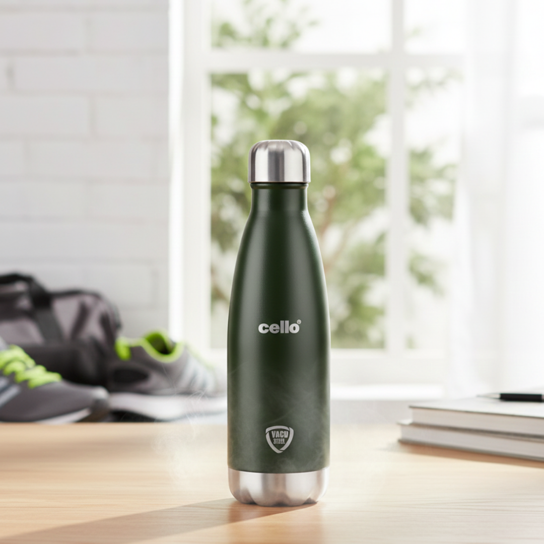 Premium Cello Duro Tuff steel bottle with leakproof cap, rust-resistant body, and double-wall insulation