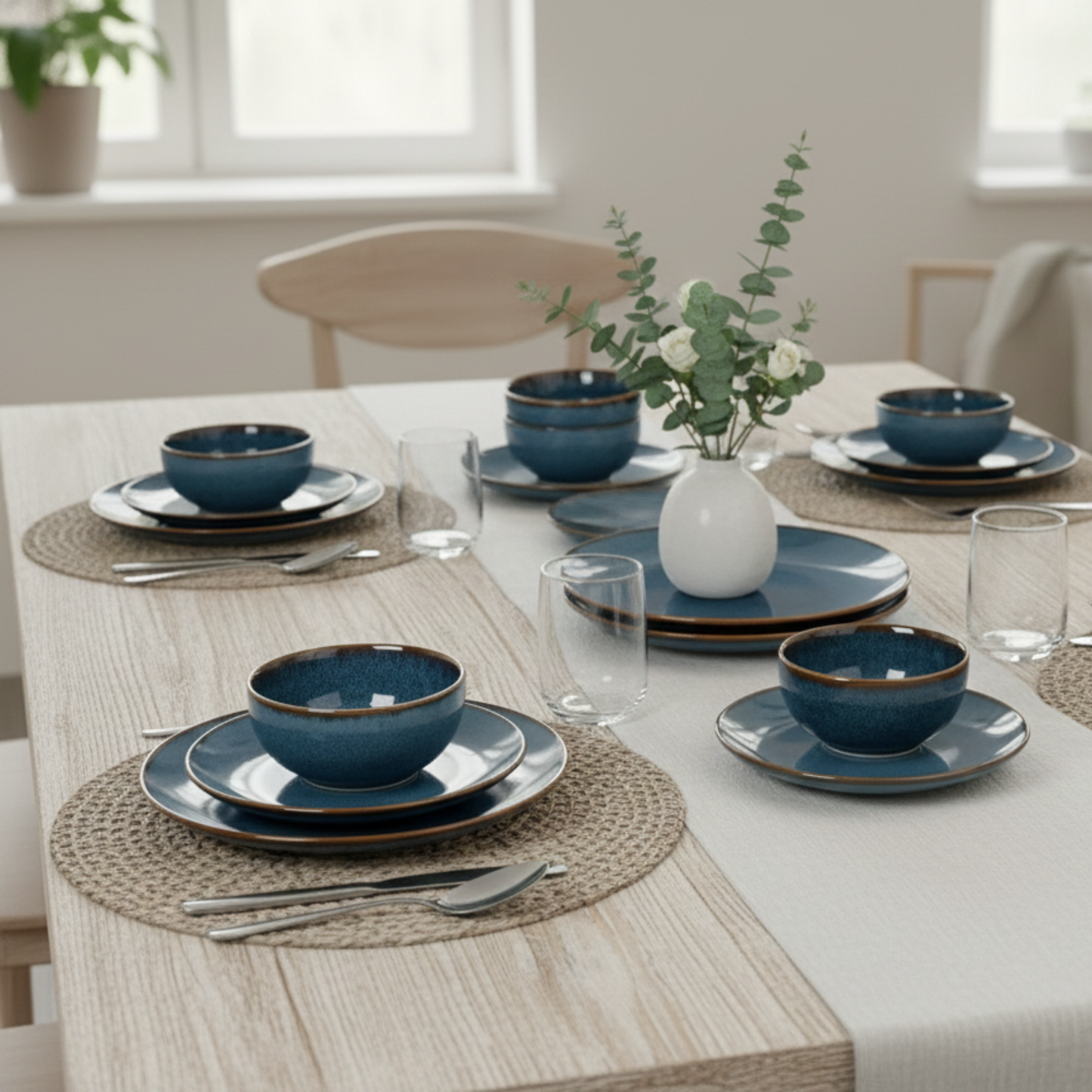 Handcrafted Stoneware Ceramic Dinner Set, 18 Pieces Serving for 6, Microwave and Dishwasher Safe, Bone-ash Free, Crockery Set for Dining and Gifting, Greenish Blue