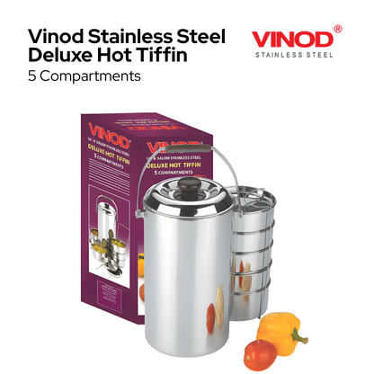 Stainless Steel Deluxe Hot Tiffin – 5 Compartment | Leakproof & Durable Lunch Box Keeps Food Hot | Strong and Tough Material