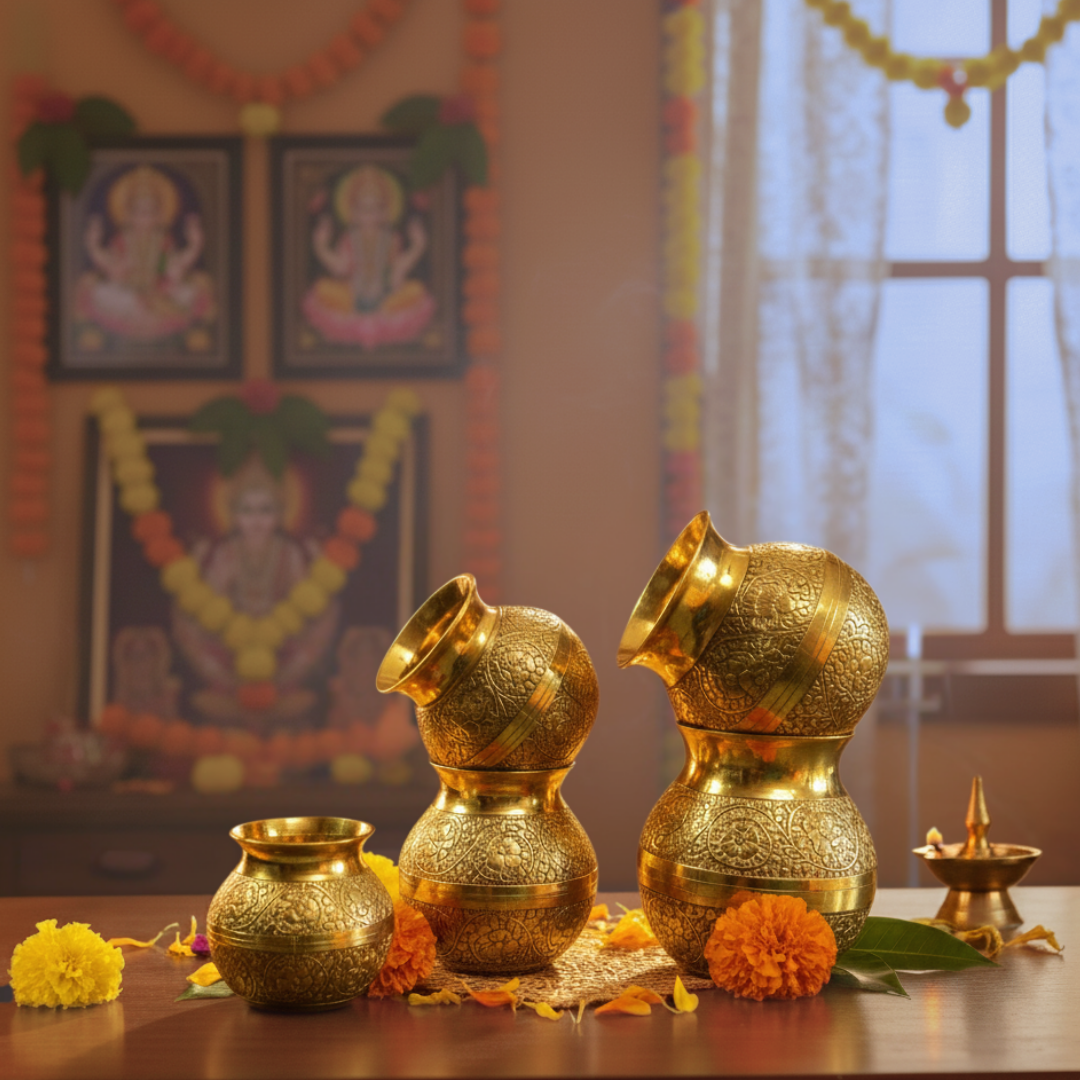 Embossed Pital Kalash | Pure Brass Puja Kalash for Hindu Rituals & Temple Use | 650ml