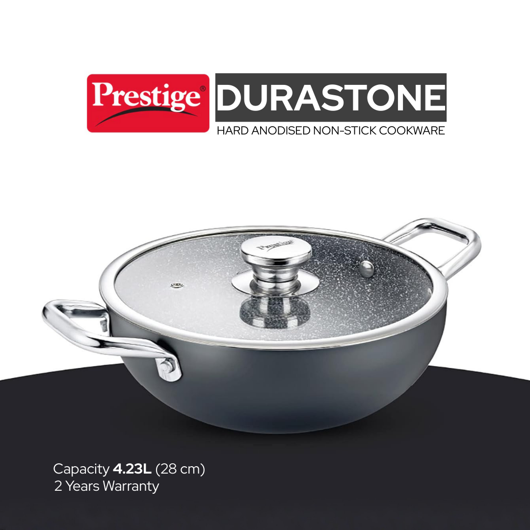 ड्यूरास्टोन नॉन-स्टिक कढ़ाई | कांच के ढक्कन के साथ, 28 सेमी | गैस और इंडक्शन पर उपयोग | 4.23 लीटर