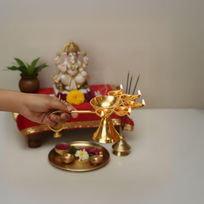 Brass Panch Diya for Puja – Traditional 5-Wick Oil Lamp for Home Temple | Pooja| Navratri