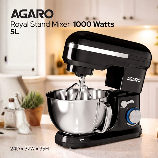 AGARO Royal Stand Mixer 1000W with 5L steel bowl, 8 speed settings and mixing attachments, black
