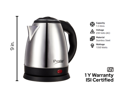 प्रेस्टीज 1.5 लीटर | स्टेनलेस स्टील इलेक्ट्रिक केतली | स्वचालित कट-ऑफ और सिंगल-टच ढक्कन लॉकिंग