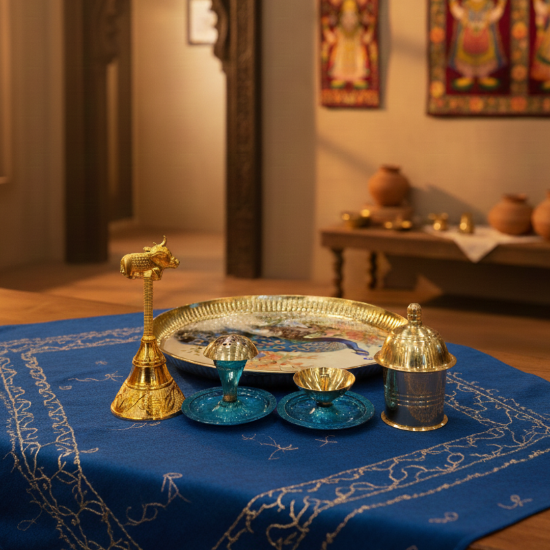 Brass Peacock Pooja Thali Set | 9 Inch | 450gm | 4 Accessories Include