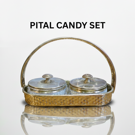 A beautifully crafted pital candy box set with three round containers having pearl borders with matching lids, neatly arranged in a hammered brass tray with a decorative handle. 