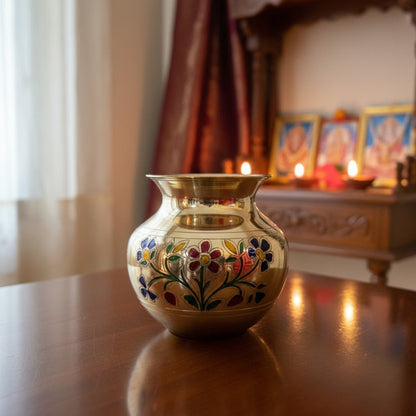 Pure brass kalash with floral design for Hindu pooja and home mandir rituals